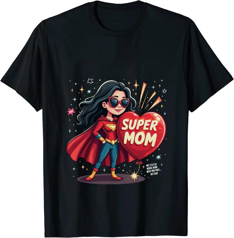[100% Cotton] Super Mom Heart Hero Cartoon Women T-Shirt With Red Cape Design Hoodie, Sweatshirt | HypeDripTees.com