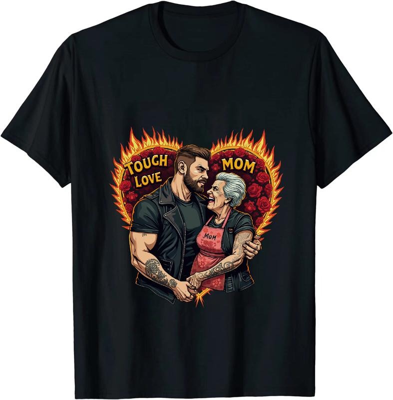 [100% Cotton] Tough Love And Tough Mom Flaming Heart Design T-Shirt With Rose Details For Strong Family Bonds Hoodie,...