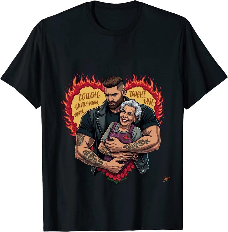 [100% Cotton] Tough Love Embrace Fire Heart Design Muscular Man And Elderly Woman T-Shirt Hoodie, Sweatshirt