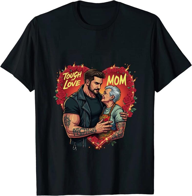 [100% Cotton] Tough Love Mom Heartwarming Embrace Tattooed Man And Elderly Woman Floral Flame Design T-Shirt Hoodie,...