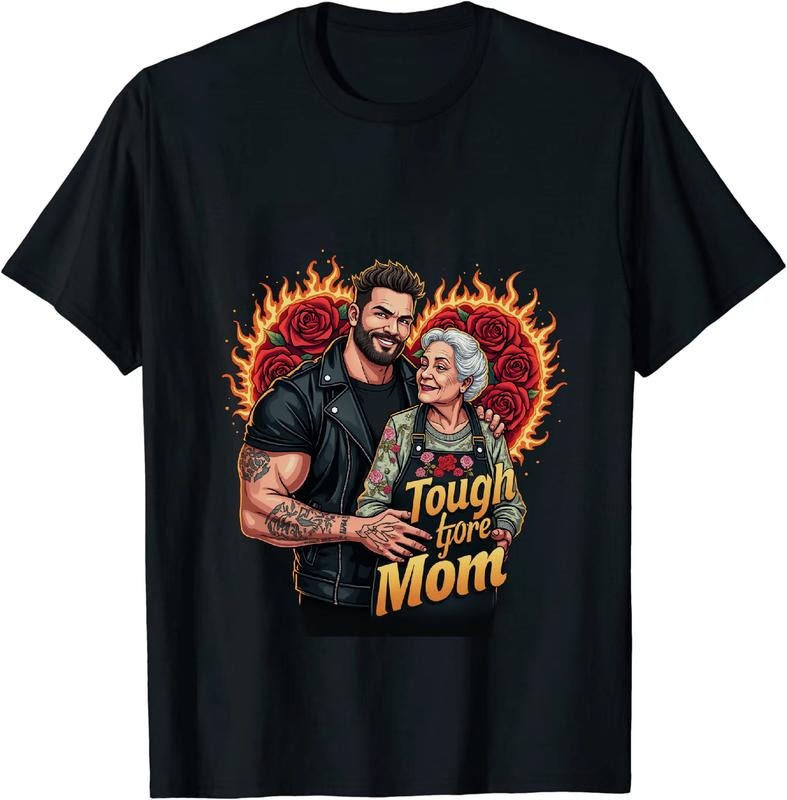 [100% Cotton] Tough Love Tattooed Man And Elderly Mom With Flames And Roses T-Shirt Design Hoodie, Sweatshirt