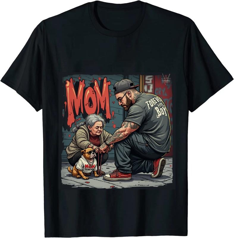 [100% Cotton] Urban Mom Appreciation T-Shirt with Bulldog in Sunglasses and Forever Her Boy Message Hoodie, Sweatshirt