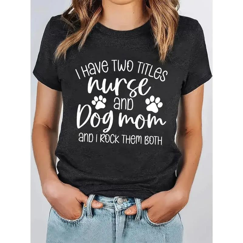 [100% Cotton] Women's "Dog Lover & Nurse Mom" Black T-Shirt Crew Neck Short Sleeve Y2K Style Pet Lover Apparel Hoodie,...