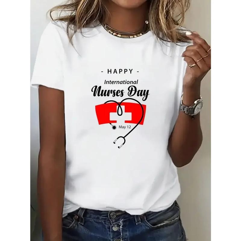 [100% Cotton] Women's Nurses Week Graphic Print T-Shirt Short Sleeve Polyester-Spandex Blend Red Cross Stethoscope Design...