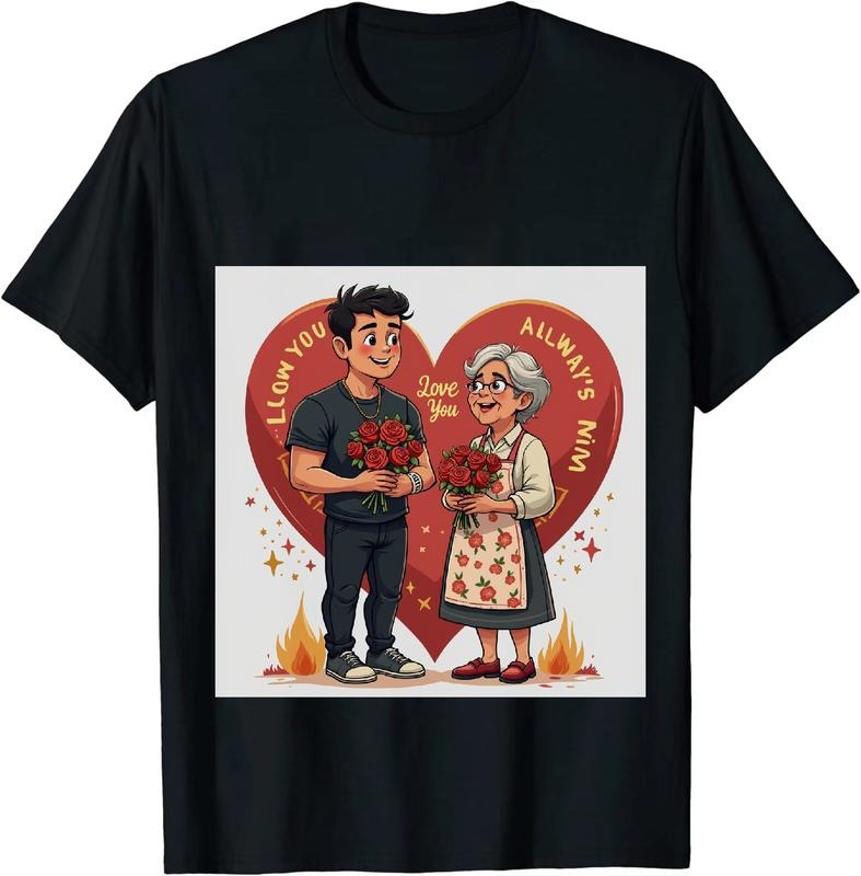 [100% Cotton] Young Man And Grandma Sharing Love With Roses Heart Design T-Shirt Hoodie, Sweatshirt | HypeDripTees.com
