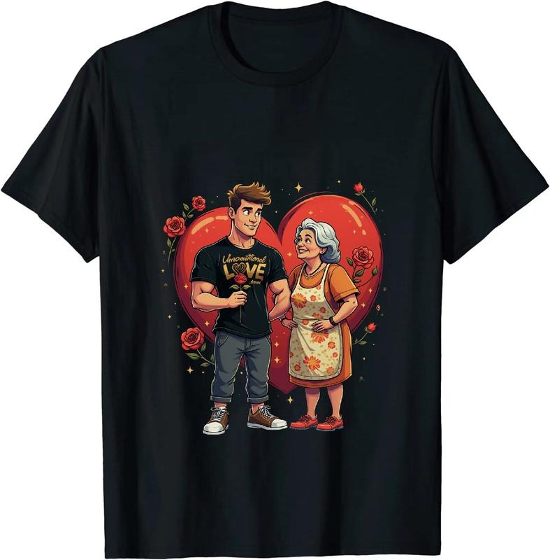 [100% Cotton] Young Man Giving Rose To Grandma In Heart Pattern T-Shirt Hoodie, Sweatshirt | HypeDripTees.com