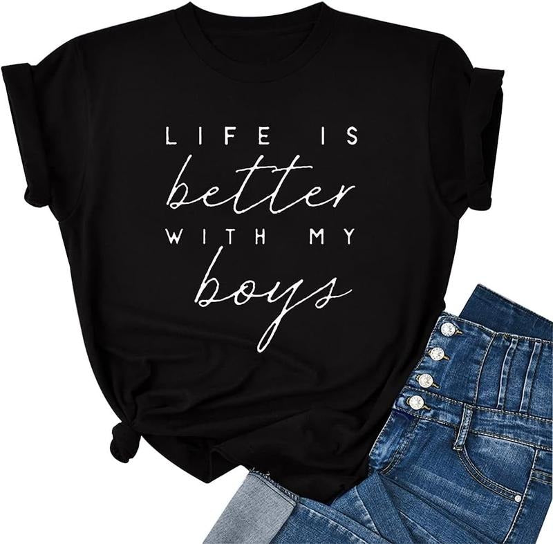 [100% Cotton] graphic tees [100% Cotton] Life is Better with My Boys Shirt Women Boy Mom Shirt for Women Cotton Mama...