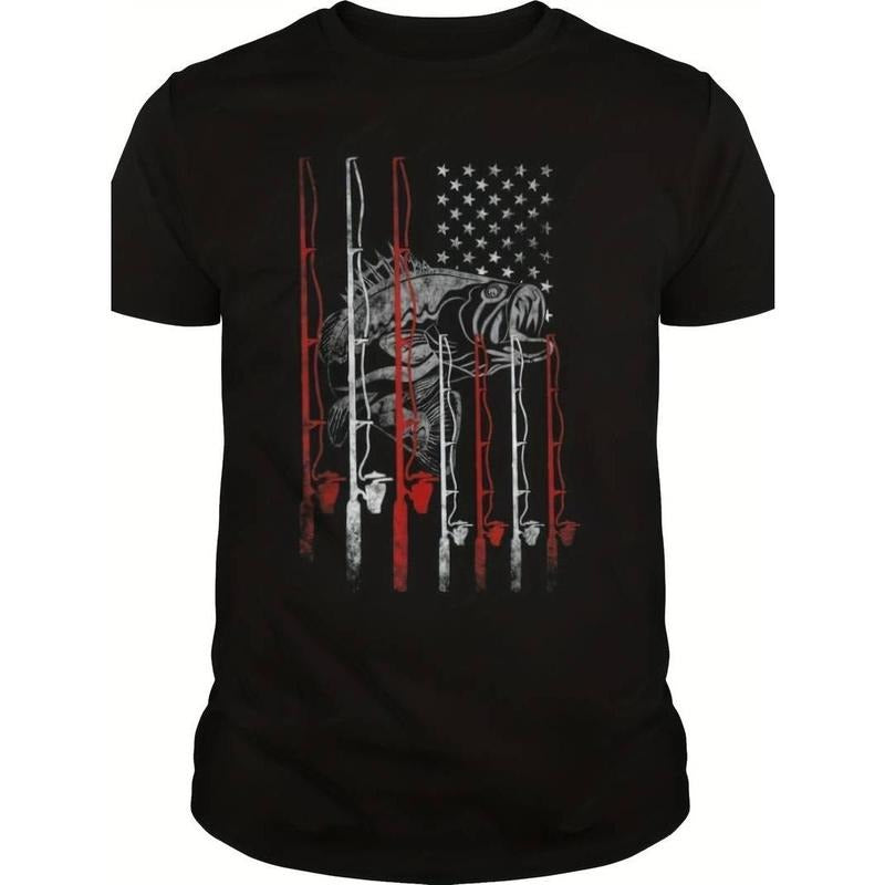 [100% Cotton] graphic tees American Flag-Printed Fishing T-Shirt