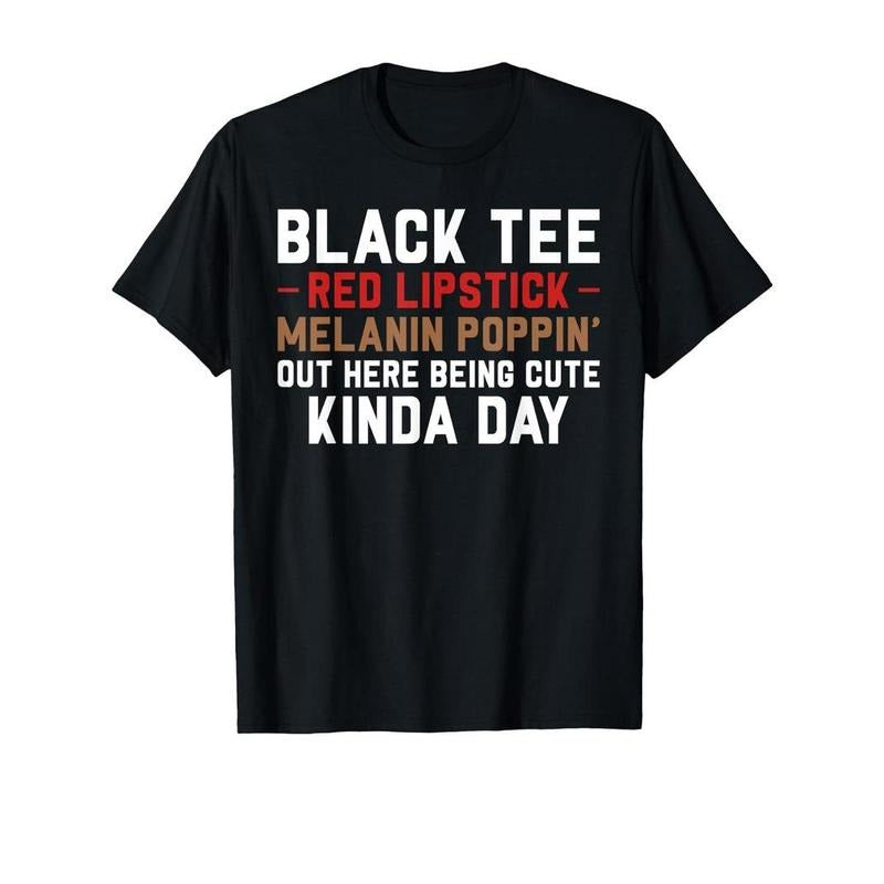 [100% Cotton] graphic tees Black Tee Red Lipstick Melanin Brown Skin Black History T-Shirt Cotton Fun Design DIYMen's...