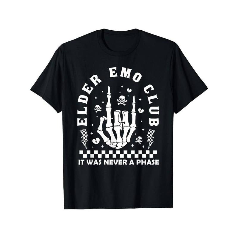 [100% Cotton] graphic tees Funny Elder Emo Club It Was Never A Phase Skeleton T-Shirt Hoodie, Sweatshirt | HypeDripTees.com