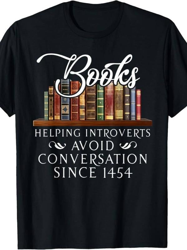 [100% Cotton] graphic tees Mens Books Helping Introverts Avoid Conversation Since 1454 T-Shirt with Crew Neck