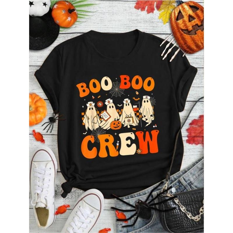 100% Cotton Groovy Halloween Nurse Funny Nursing Ghost Boo Boo Crew T-Shirt Print Round Neck Short Sleeve Streetwear...