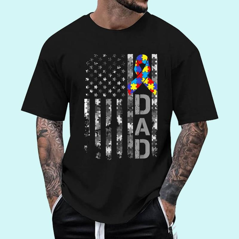 [100% Cotton Shirt] Autism Awareness Dad USA Flag T-Shirts, Hoodie, Sweatshirt
