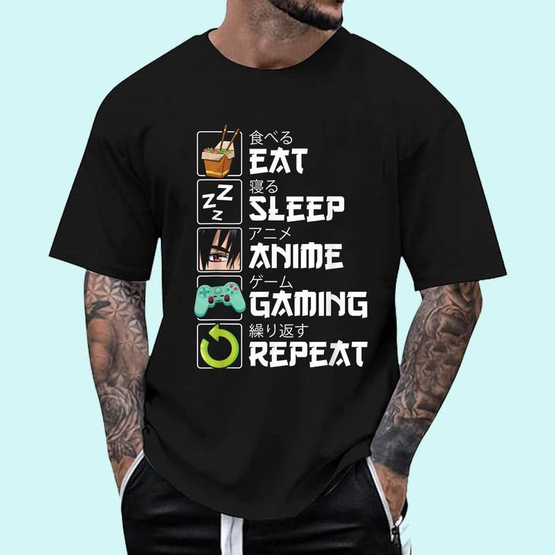 [100% Cotton Shirt] Eat Sleep Anime Gaming Repeat Kawaii Otaku Anime Manga Unisex T-Shirt