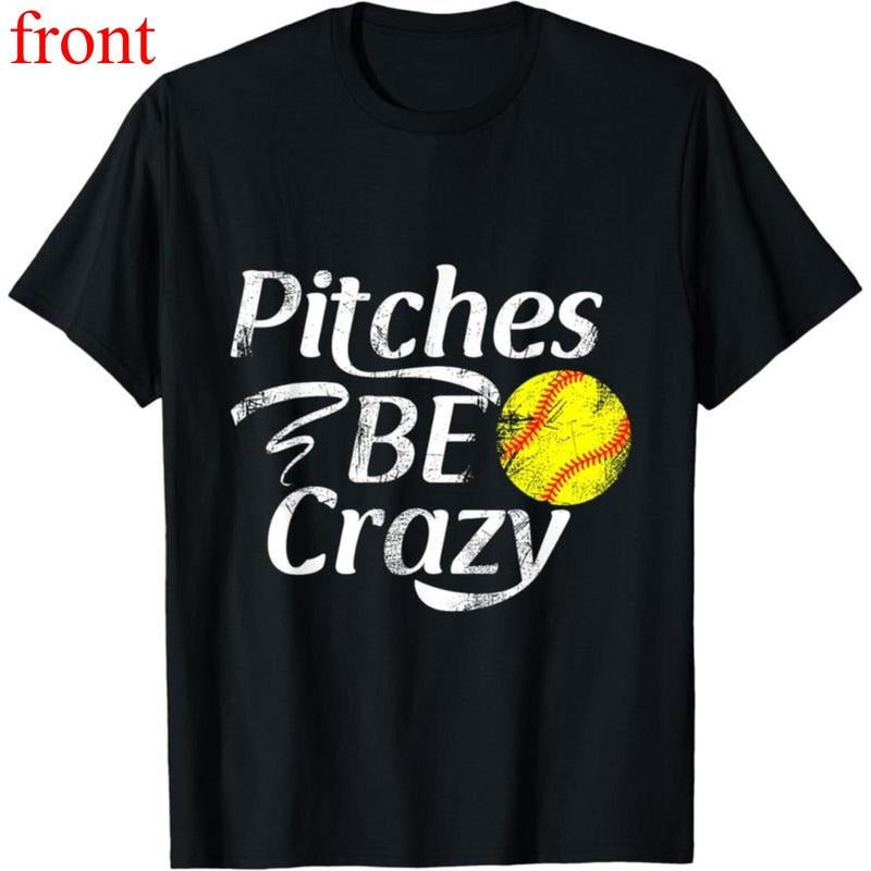 100% Cotton Softball Player Pitches BE Crazy Funny Softball Pitcher T-Shirt Menswear Top Distressed Graphic Big Vintage...