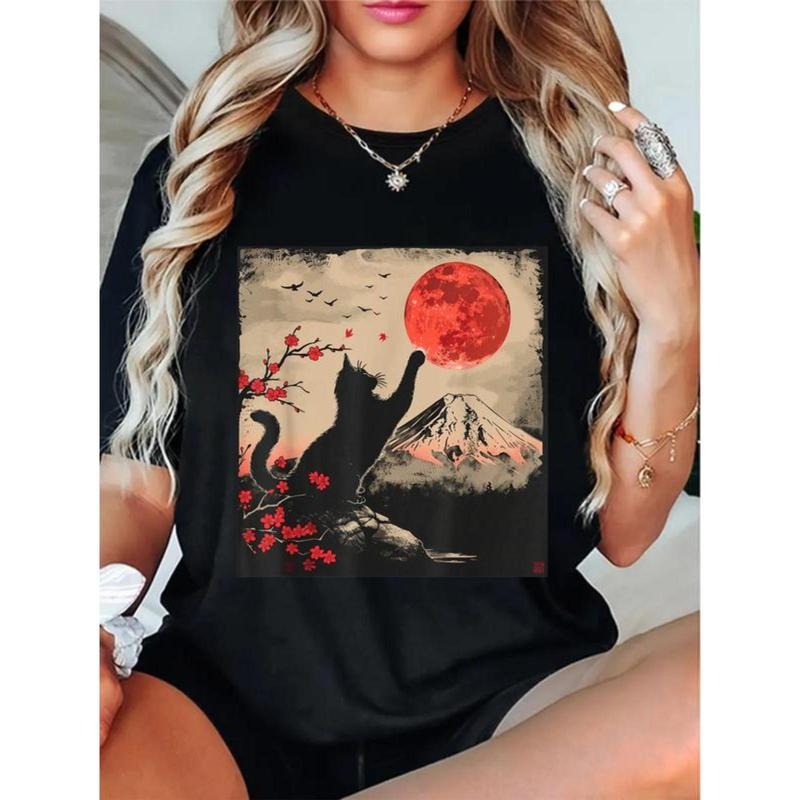 100% Cotton Vintage Japan Art Japanese Theme Retro Print Black Cat T-Shirt Hoodie, Sweatshirt | HypeDripTees.com