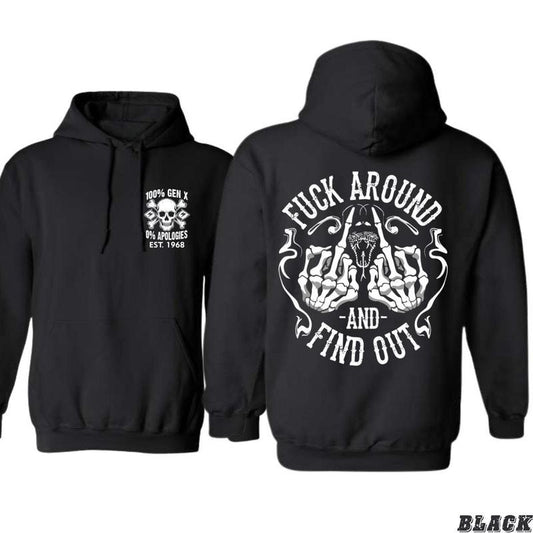 100% Gen X Hoodie - Bold Skull and Fist Graphic with Fck Around and Find Out Text, Unisex Cotton Apparel for Comfort and Attitude, Perfect for Gen Xers Who Speak Their Mind and Embrace Edgy Style
