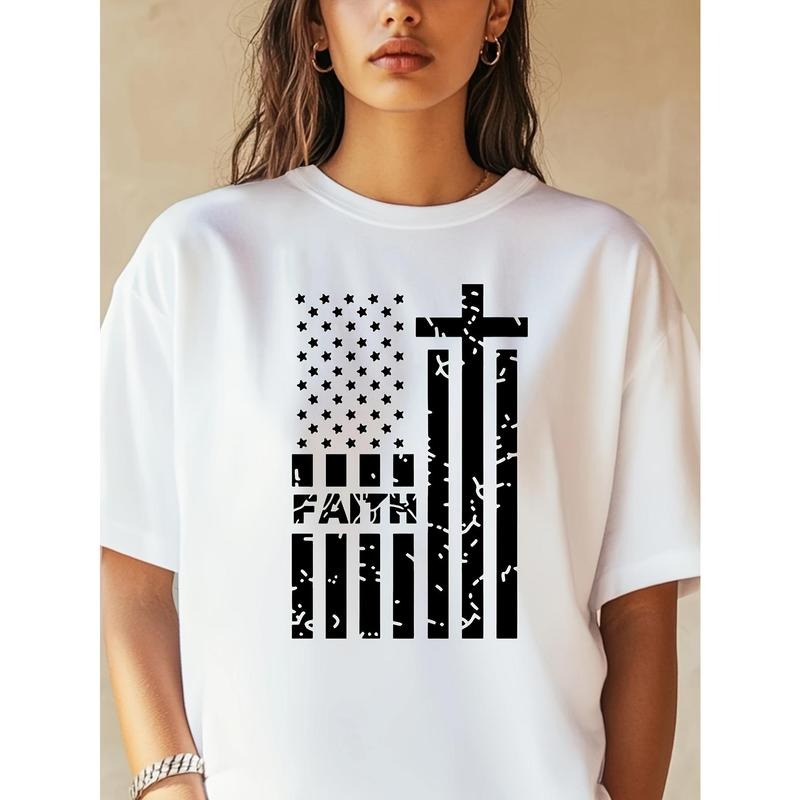 100% Pure American Flag Cross Faith Star Stripe Multi-Color 180G Short Sleeved Loose Fit Oversized T-Shirt, Suitable for...