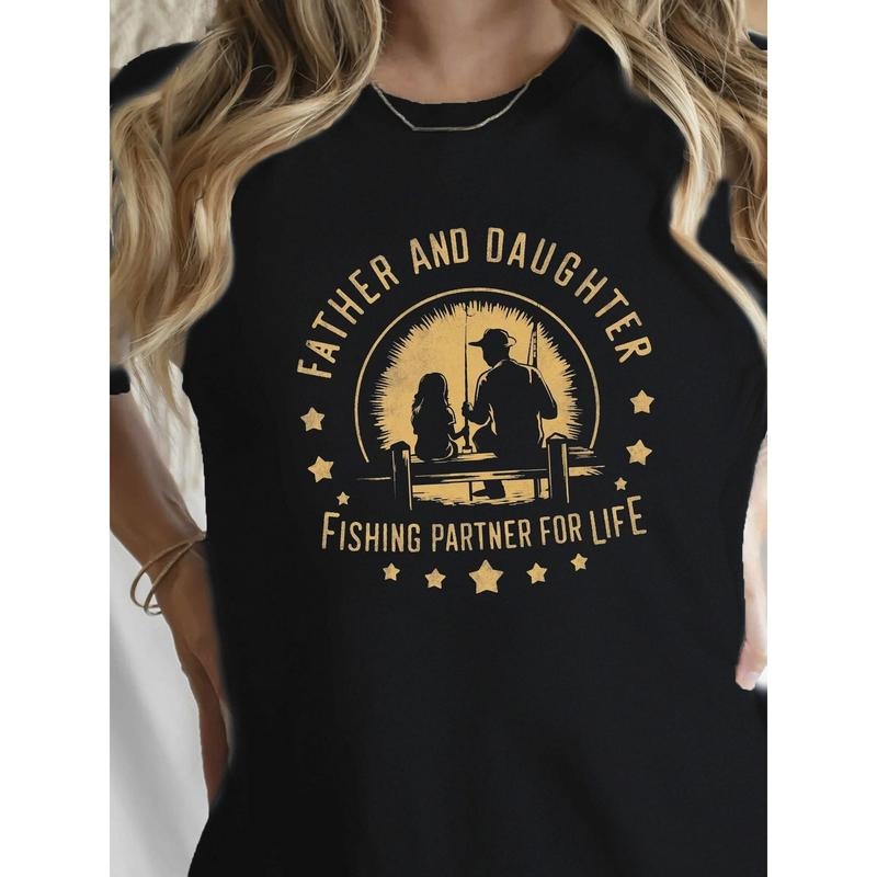 100% Pure, Father And Daughter'S Lifelong Fishing Partner Pattern Printed T-Shirt, Spring And Summer Round Neck Short...