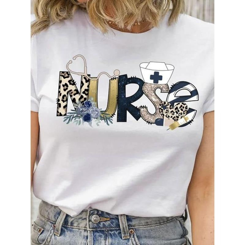 100% Pure, Retro Nurse Pattern Printed T-Shirt, Spring And Summer Round Neck Short Sleeved Women'S T-Shirt, Pure...