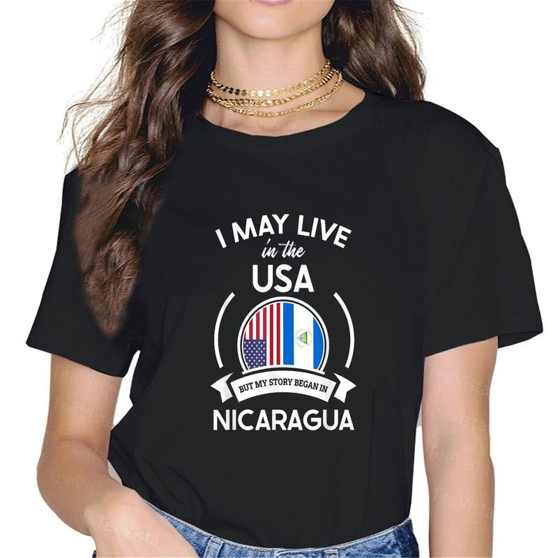 100% cotton May Live In USA But My Story Began In Nicaragua Flag Gift T-Shirt women graphic shirts Hoodie, Sweatshirt
