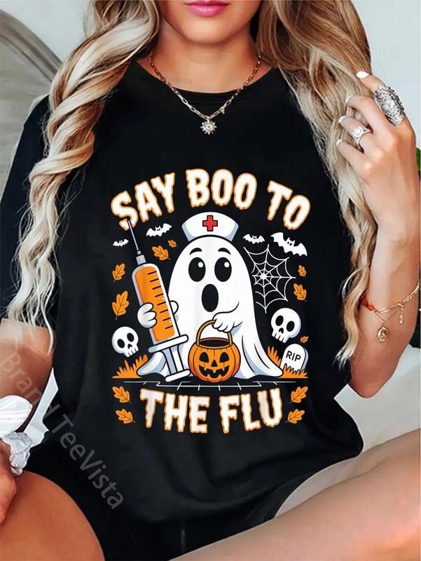 100% cotton Say Boo to The Flu Ghost Nurse Design T-Shirt women graphic shirts style 02 Hoodie, Sweatshirt | HypeDripTees.com