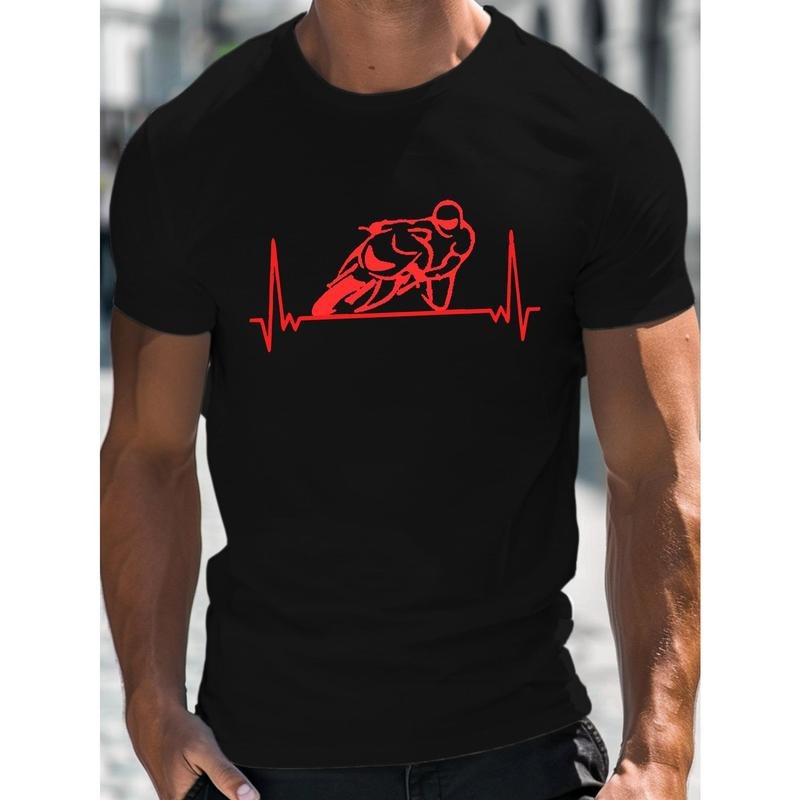 100% cotton T-shirt, Motorcycle Heartbeat Creative Print Men's Cotton Short Sleeve T-Shirt, Casual Round Neck Top,...