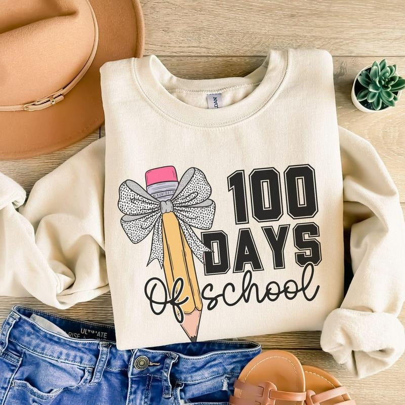 100 Days Of School Sweatshirt with Bow, Coquette 100th Day of School Teacher Shirt, One Hundredth Day Schooling Shirt...