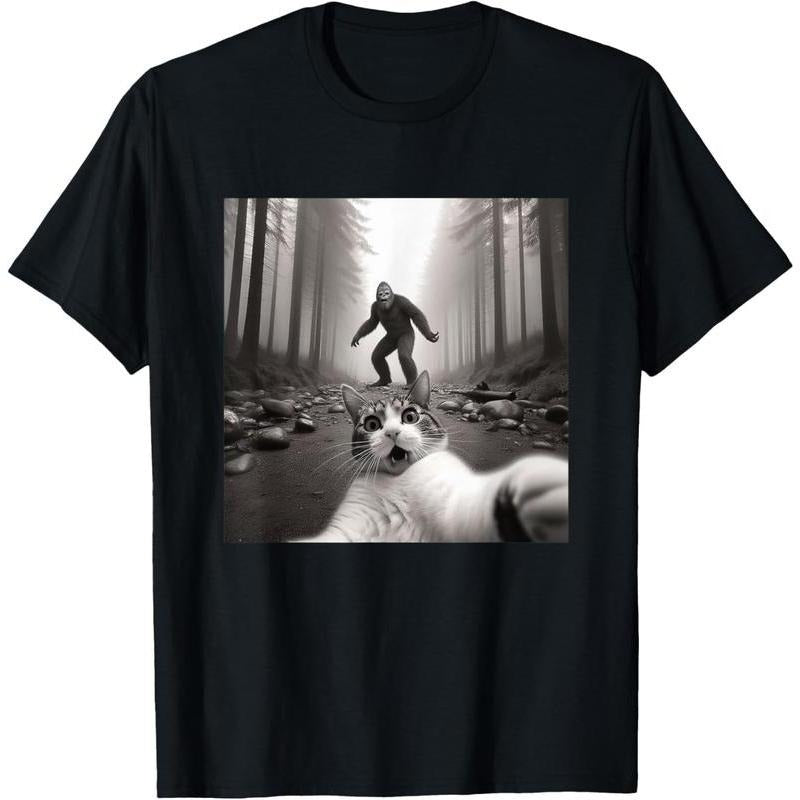 100%cotton Funny Surprised Scared Cat Selfie With Sasquatsch Bigfoot T-Shirt Hoodie, Sweatshirt | HypeDripTees.com