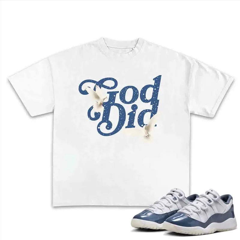 11S Diffused Blue God Did Cotton Menswear Top Streetwear Shortsleeve Tshirt Hoodie, Sweatshirt | HypeDripTees.com