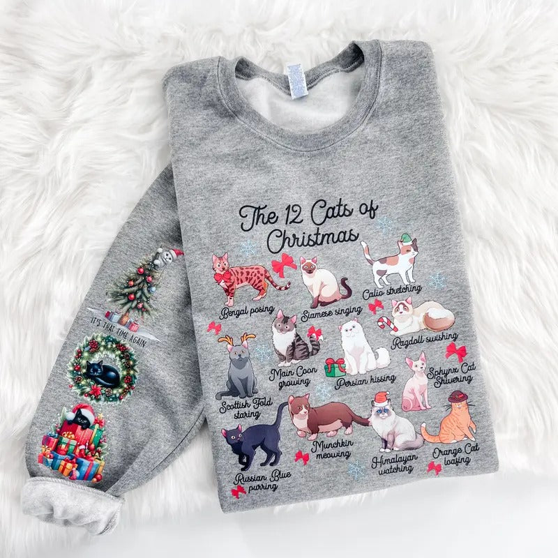 12 Cats of Christmas Holiday Sweatshirt or Hoodie with sleeve print Comfy Sublimation Tops Menswear Unisex Oversized...