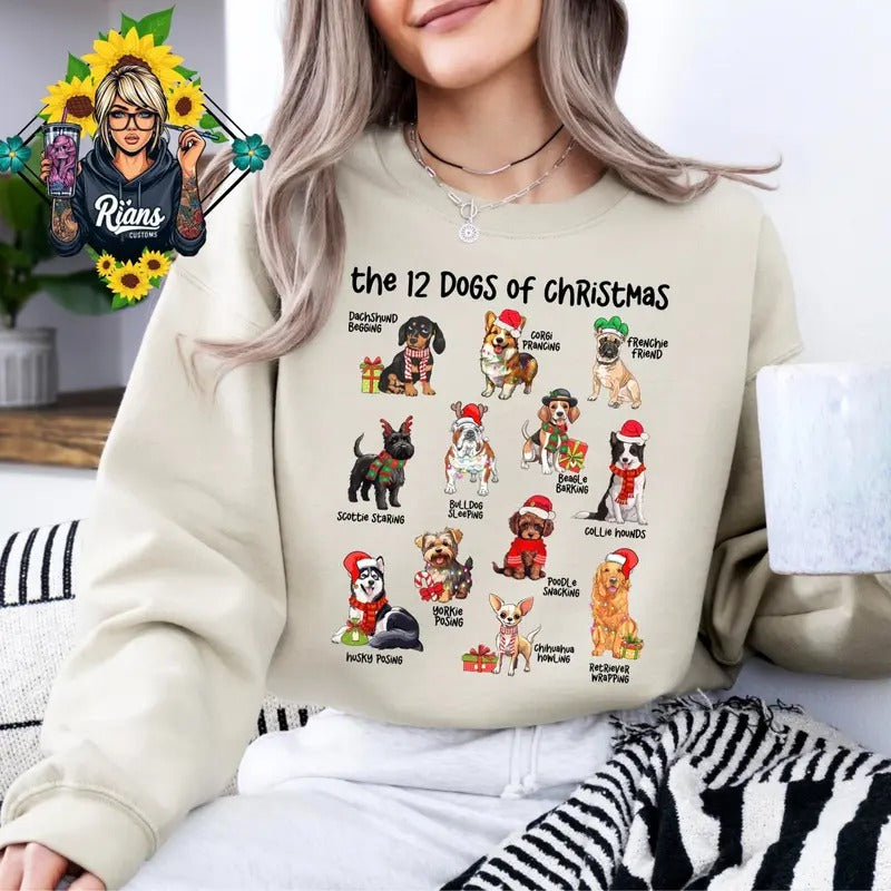 12 Dogs Of Christmas Comfortable Cozy Sweatshirt Crew Neck Cute Pullover T-Shirts, Hoodie | HypeDripTees.com