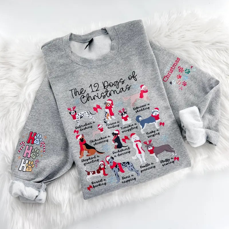 12 Dogs of Chritmas Holiday Sweatshirt or Hoodie with sleeve print Comfy Sublimation Tops Menswear Unisex Oversized...