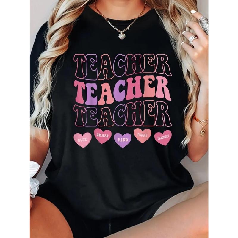 180g Printed Round Neck Short Sleeve T-Shirt Funny Teacher Hearts Valentine's Day Women Teachers T-Shirt Hoodie, Sweatshirt
