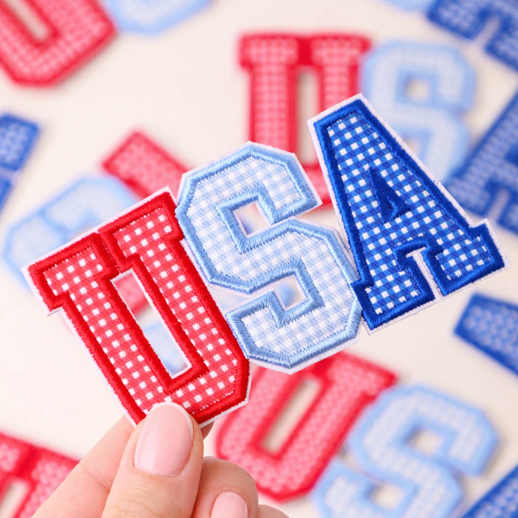 USA Gingham Letter Embroidered Heat Press Style Patch
