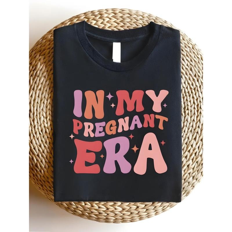 1pc In My Pregnant Era T-Shirt - 100% Cotton Crew Neck Tee, Casual Street Style, All-Season Short Sleeve Top with Heat...