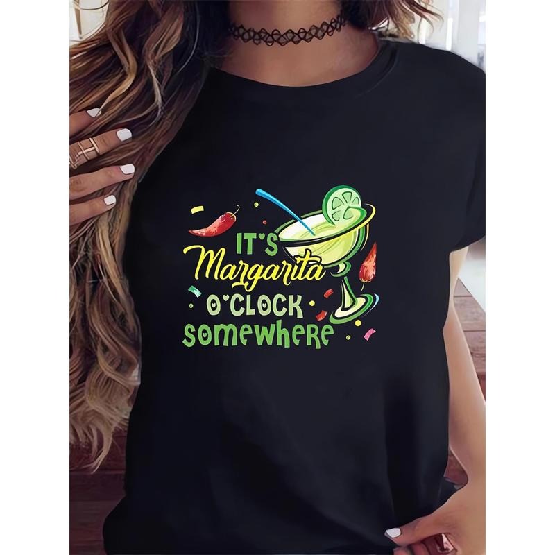 1pc Women'S Floral Margarita Print T-Shirt - Casual Crew Neck, Short Sleeve, Knit, Medium Stretch, H-Line Fit, Regular...