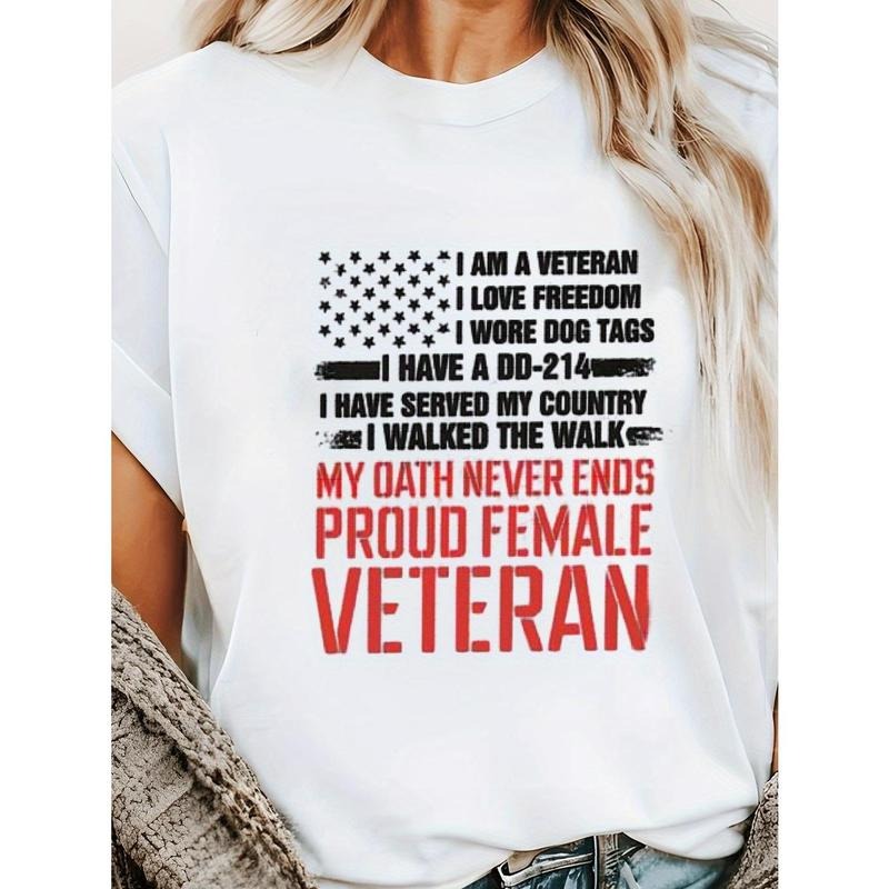 1pc Women'S Vintage T-Shirt, Proud Female Veteran T-Shirt, Memorial Day Gift For Women, 100%, Crew Neck Design, Loose And...