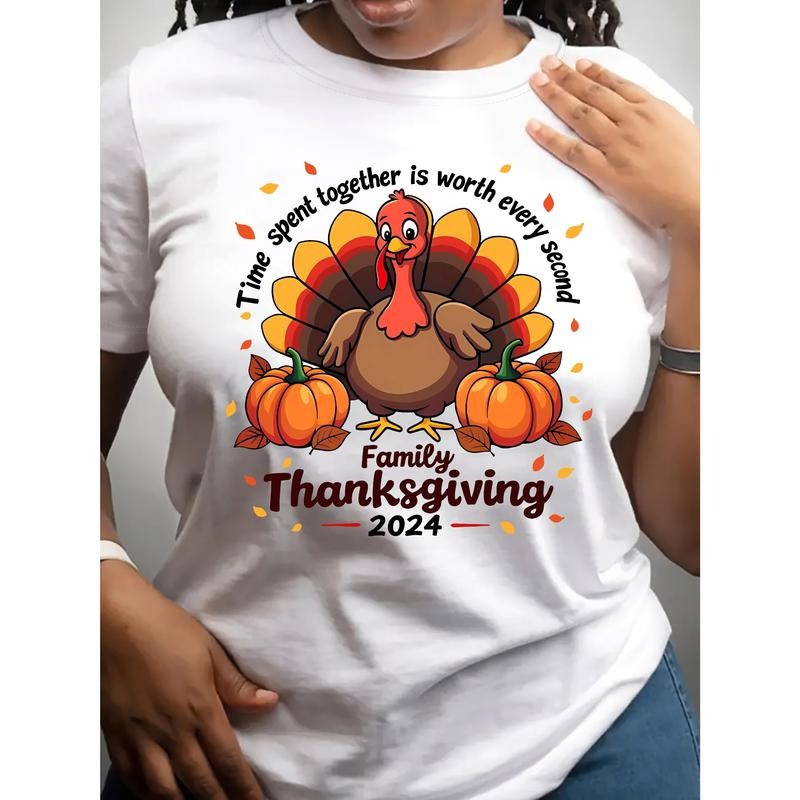 1pc Women's Casual Polyester T-Shirt with Cartoon Turkey Print, Round Neck, Regular Length, Knitted Fabric, Family...