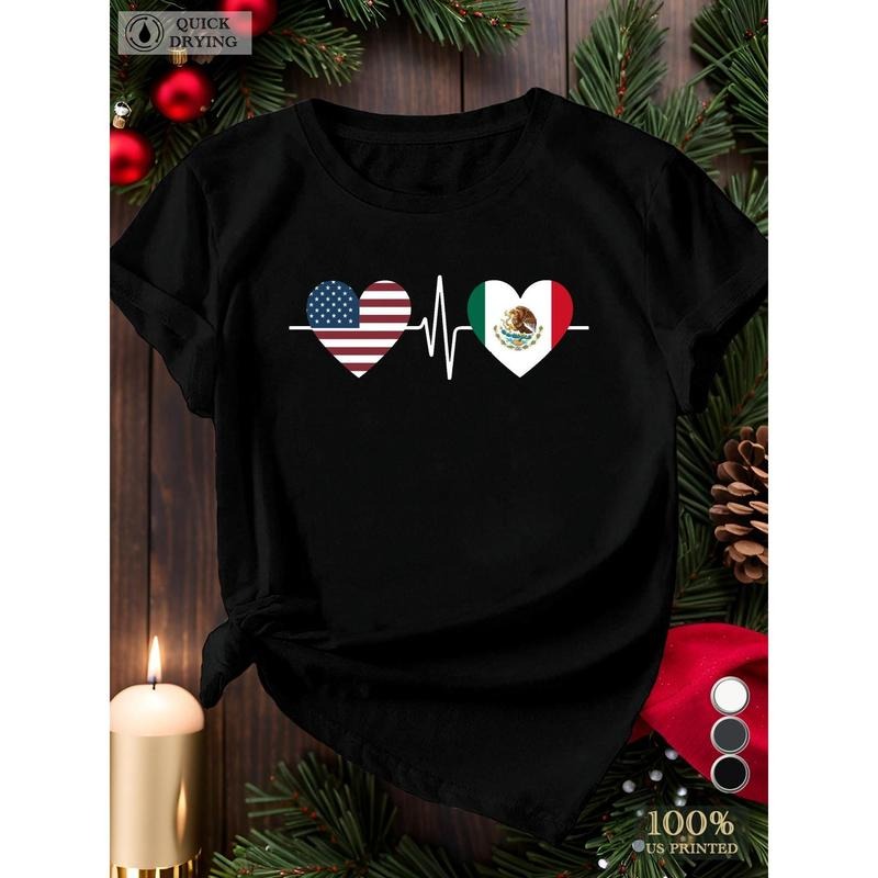 1pc Women's Fitted T-Shirt with USA & Mexico Flag Heart Design - 100%, Machine Washable, All-Season Comfort Fit, Vibrant...