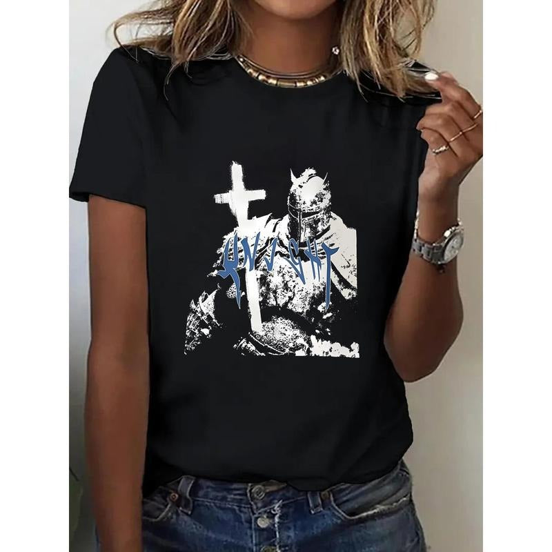 1pc, 100% Pure, Soldier Pattern Printed T-Shirt, Spring And Summer Round Neck Short Sleeved Women'S T-Shirt, Pure...