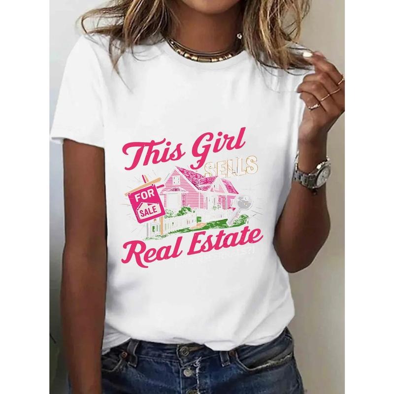 1pc, 100% Pure, This Room Is for with Printed Pattern T-Shirt, Spring And Summer Round Neck Short Sleeved Women'S...