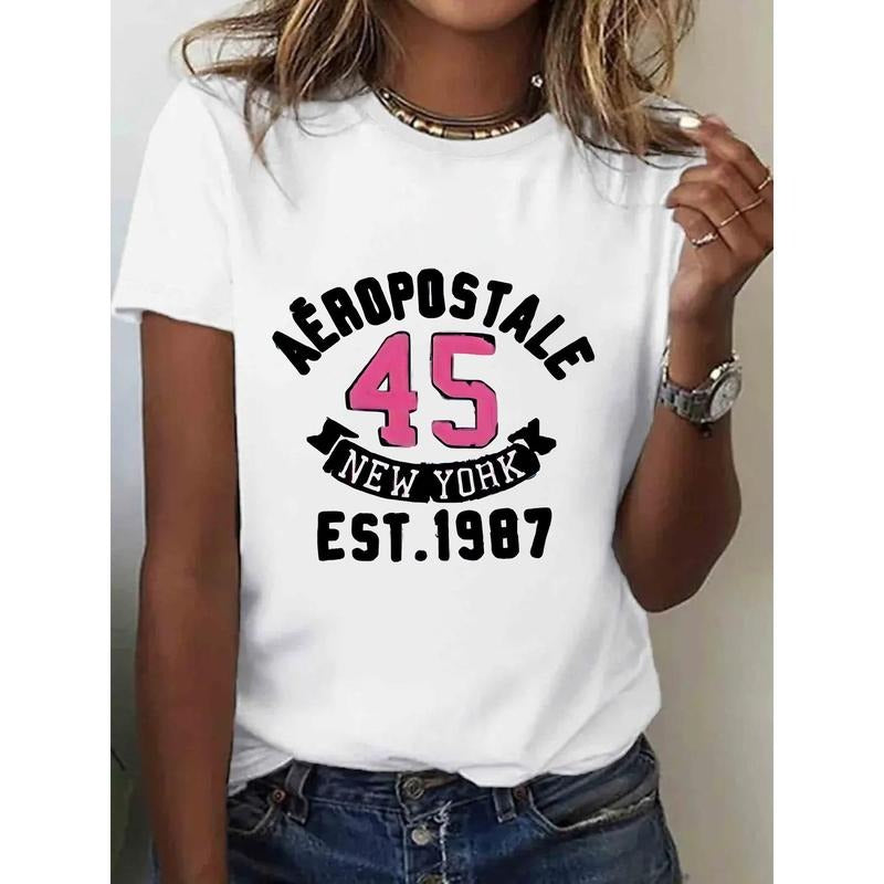 1pc, 100%, Aviation Postal Pattern Printed T-Shirt, Seasonal Casual Women'S T-Shirt, Round Neck Pure Short Sleeved...