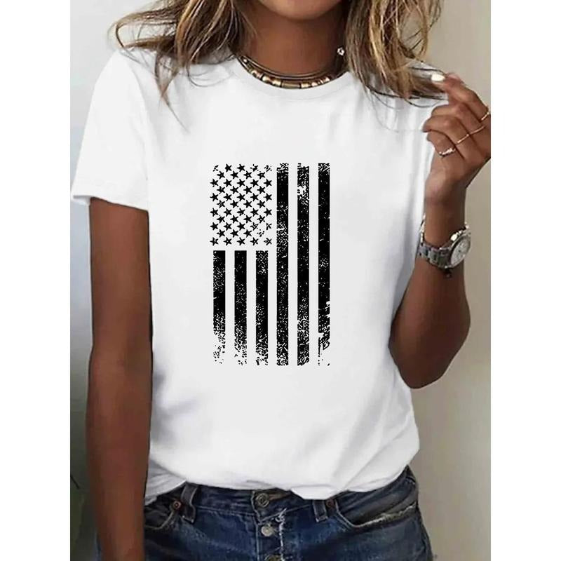 1pc, 100%, Printed T-Shirt with American Flag Pattern, Spring And Summer Round Neck Short Sleeved Women'S T-Shirt,...