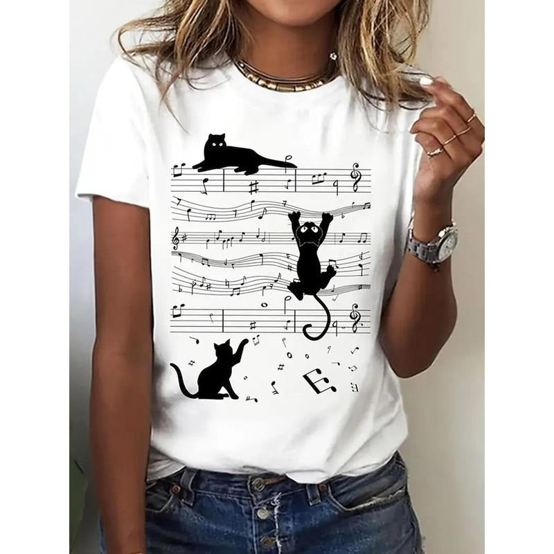 1pc, Cat Printed Round Neck T-shirt, Spring And Summer Casual Short Sleeved T-shirt, Short Sleeved Casual Top, Suitable...
