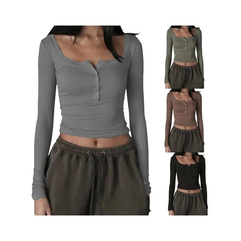 Women Knitted Henley Shirt Casual Solid Color Retro 1/2 Button Long Sleeve Crop Tops Streetwear Clubwear Fashion Fit...