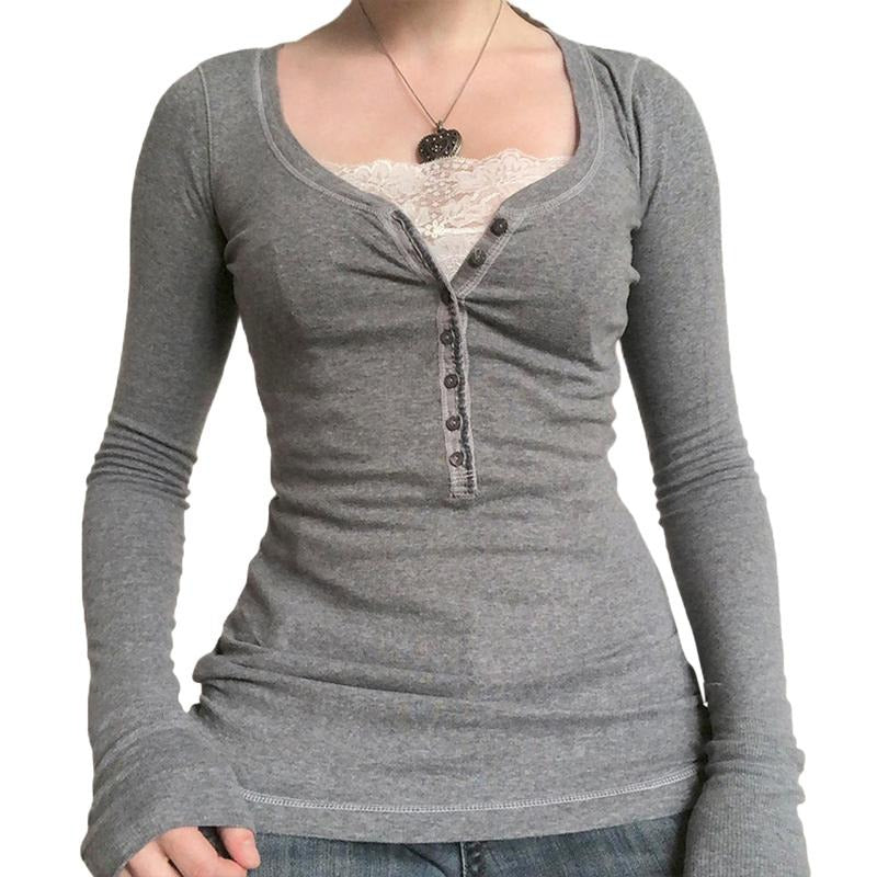 Women Long Sleeve Tops Autumn Vintage Casual Lace Patchwork 1/2 Button Pullover Shirt Club Streetwear Basic Womenswear...