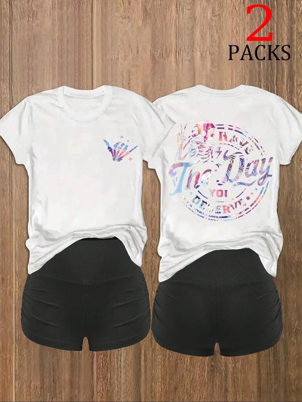 2-Piece Women's Casual T-Shirt Set, Summer Fashion Skeleton Graphic Print Tshirt, Loose-Fitting Short Sleeve Top for...
