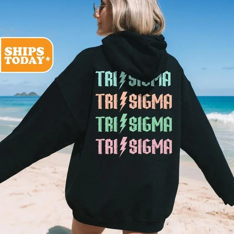 2 Sided Vibrantly colored Sigma Sigma Sigma Sorority sweatshirt for a fun and stylish Big Little Reveal gift option,...
