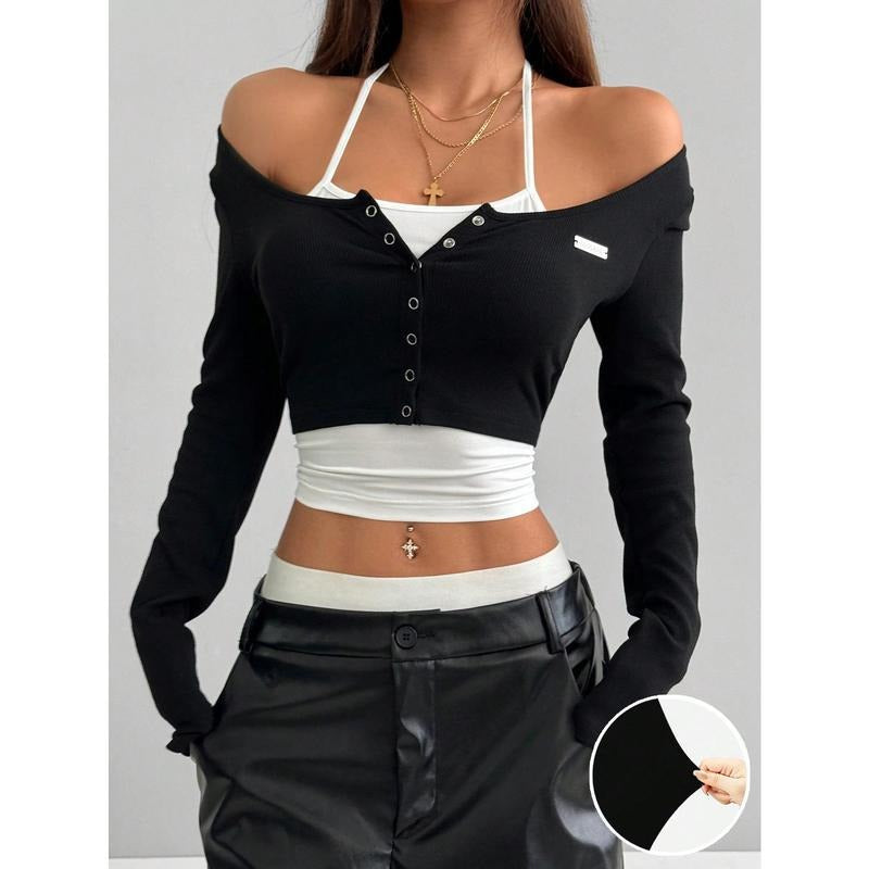 2 in 1 Halter Top Button Down Long Sleeve Crop T Shirts Fake Two Piece Tops Hoodie, Sweatshirt | HypeDripTees.com